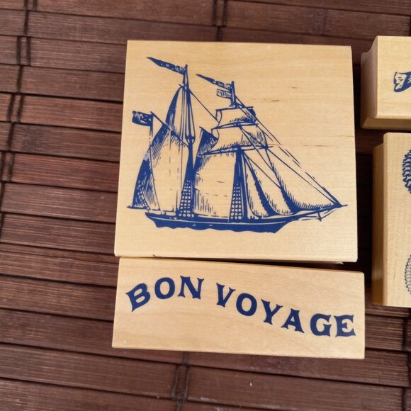 Recollections Bon Voyage 7pc Rubber Stamp Set Nautical Sailing Ship Sea Shell - Picture 2 of 7